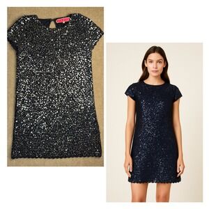 Manoush Blue Sequin Knit Mini Dress Small Scalloped Hem Wool Blend Lurex Sparkle